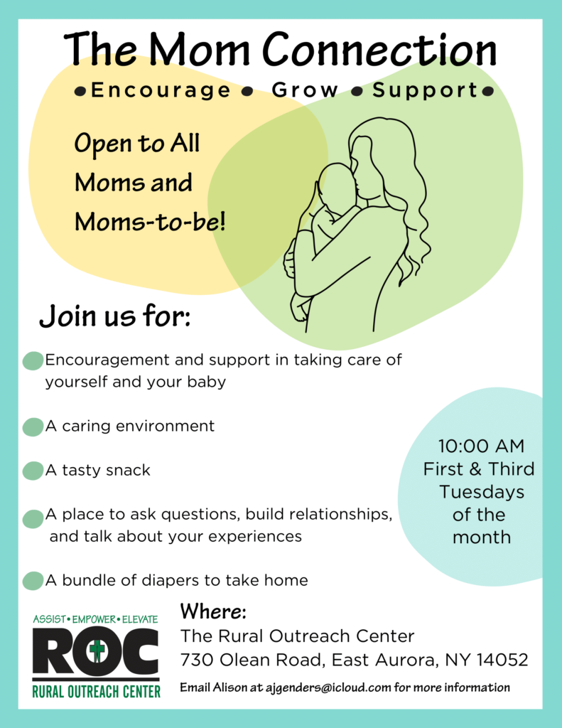 The Mom Connection Flyer for group held every first and third Tuesday at 10 AM at the ROC