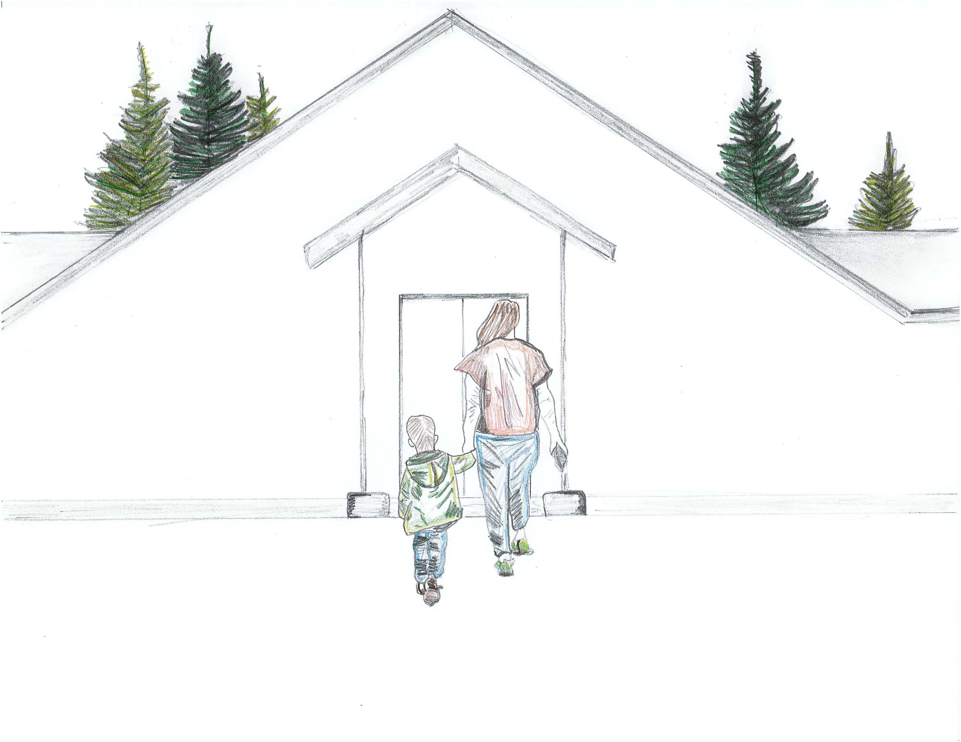 drawing of mother and son walking into the Rural Outreach Center